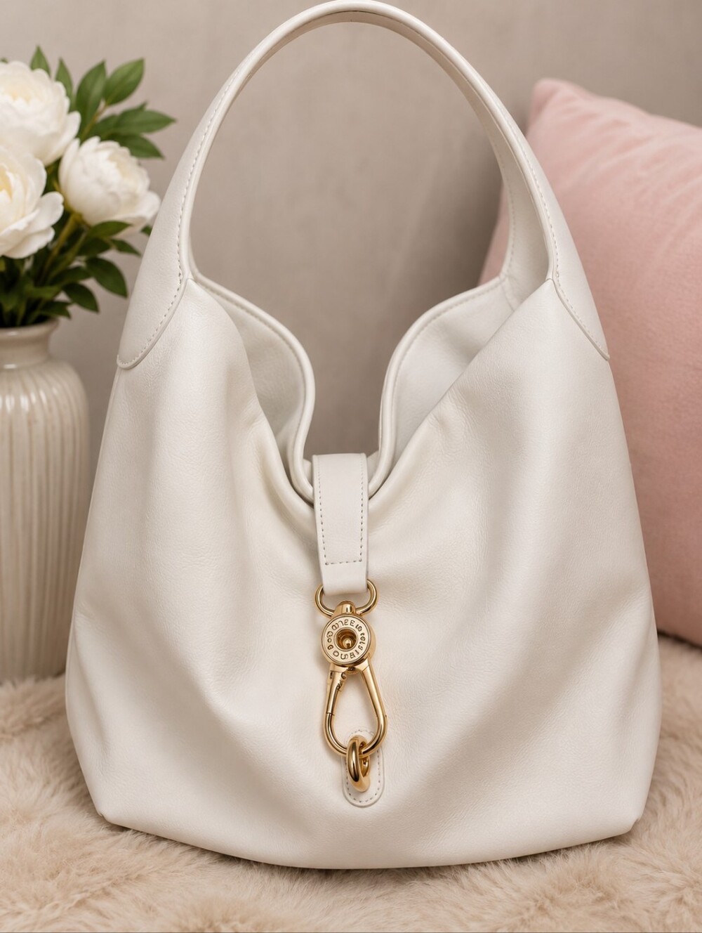 Dooney And Bourke White Leather Shoulder Hobo Bag with Gold Hardware
